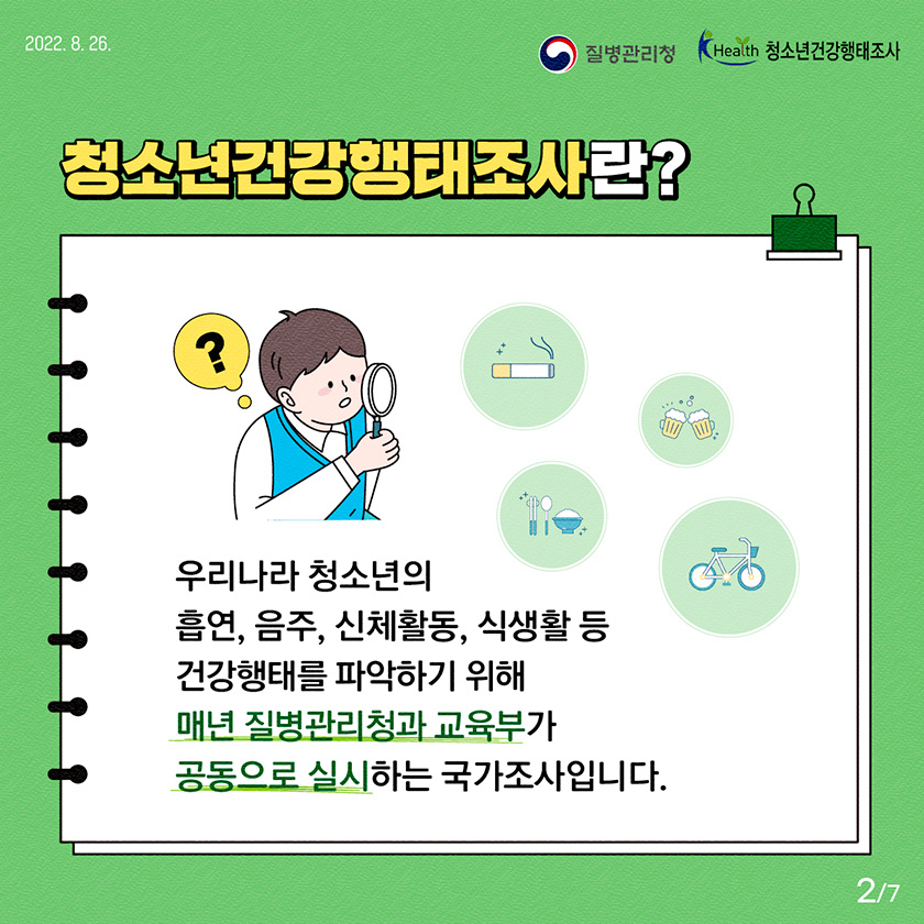청소년건강행태조사란? 우리나라 청소년의 흡연, 음주, 신체활동 등 건강행태를 파악하기 위해 매년 질병관리청과 교육부가 공동으로 실시하는 국가조사입니다. [7페이지 중 2페이지]